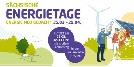 Illustration mit dem Text »Energietage in Sachsen«, darauf ist ein Kind auf einem Roller, ein Kind mit Fernglas, eine Person an einem E-Auto und Windräder zu sehen.