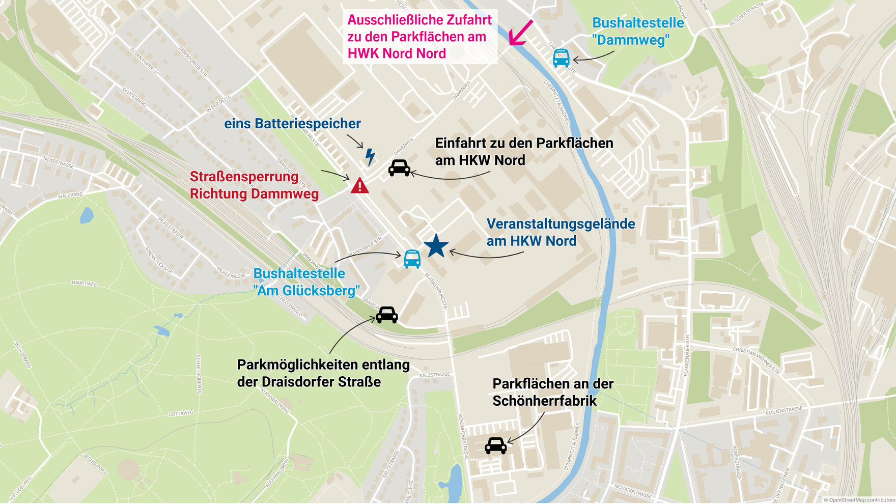 Übersichtskarte Veranstaltungsgelände, Parkflächen und Bushaltestellen rund um die Sächsischen Energietage