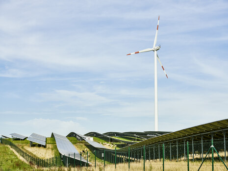 Foto von Solaranlagen auf einer Freifläche, dahinter ein Windrad