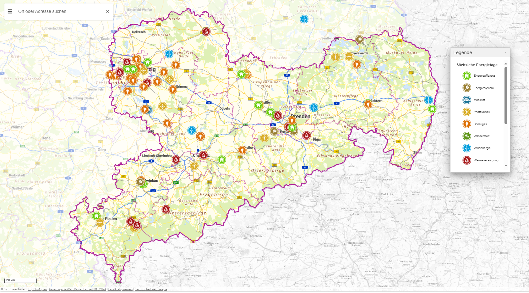 Sächsische Energietage 2024: Übersichtskarte mit den Veranstaltungsorten
